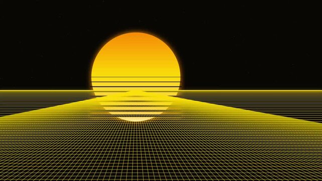 Retro synthwave landscape with glowing yellow sun motion background
