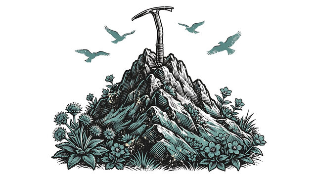 Engraving illustration of a mountain peak with a pickaxe and flowers surrounded by flying birds