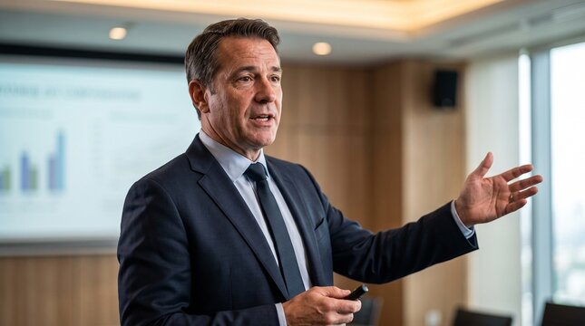 Businessman executive giving a presentation in a modern corporate office