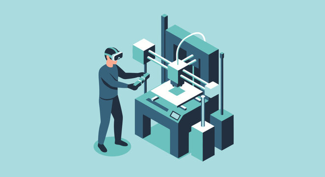Man wearing virtual reality goggles interacting with digital data blocks