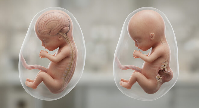Healthy Fetus vs Neural Tube Defect 3D Medical Illustration of Spina Bifida Development