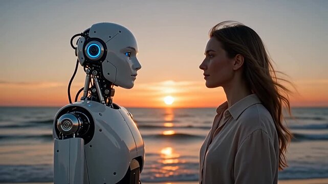 Female human and humanoid robot face each other on a beach at sunset, with waves gently lapping in the background and warm colors illuminating the scene