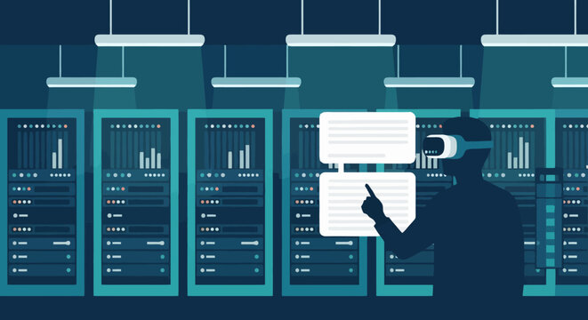 Server room cabinets with data center networking equipment in dark office