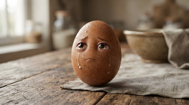 Crying brown egg on a wooden table. Sad anthropomorphic egg character with tears.
