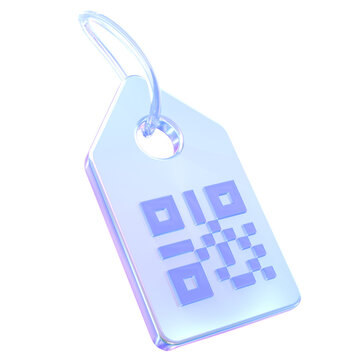 3D price tag featuring an embossed QR code and transparent loop. Minimal liquid glass retail and digital pricing icon isolated on transparent background.