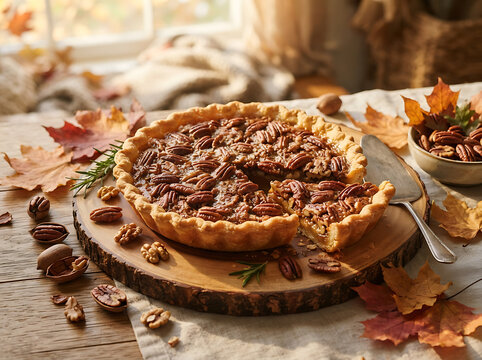 Freshly baked homemade pecan pie served on a rustic wooden board with autumn leaves.
