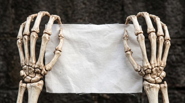 Skeleton hands holding a blank white cloth mockup, spooky Halloween concept