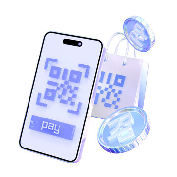 3D smartphone and shopping bag featuring QR codes, Indonesian rupiah coins, and a pay button. Transparent liquid glass mobile commerce icon isolated on transparent background.
