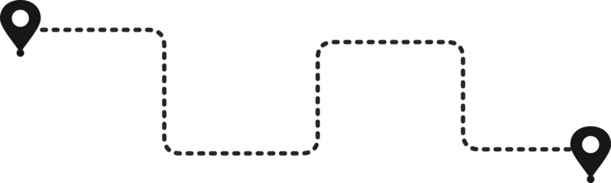 Dotted line connecting two map pin markers indicating a journey or route during a clear day