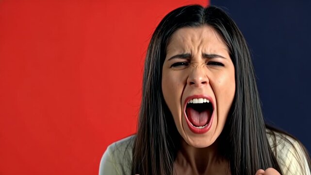 Young woman with long dark hair expresses intense emotion by shouting with clenched fists against a vibrant red and dark blue background in a close-up shot