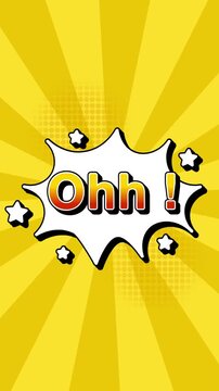 Ohh text word lettering popup comic cartoon reveal with bomb and smoke explosion manga anime book page dots radial speed lines doodle yellow background seamless loop vertical animation retro clip Ohh!