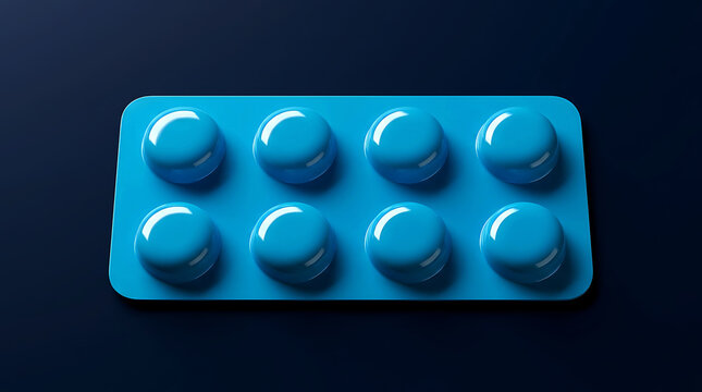Blue blister pack with eight round medical pills on a dark background for healthcare concept