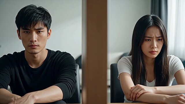 Asian man and woman sitting at a table, displaying tension and concern, with visible separation by a wooden divider in a softly lit indoor setting
