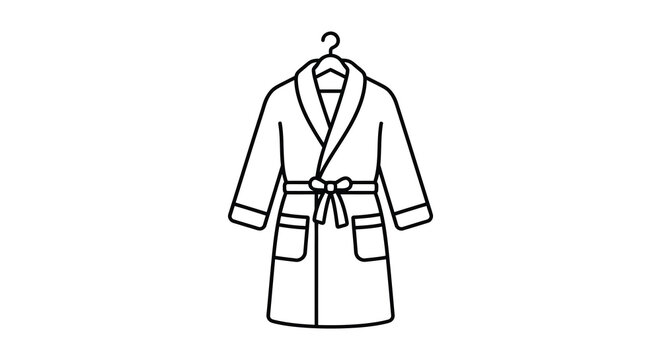 A simple black and white line drawing of a comfortable bathrobe hanging on a clothes hanger