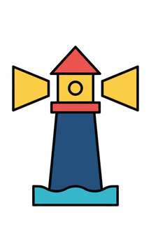 Minimalist lighthouse icon with bold light rays in a flat graphic style for navigation or coastal safety concept