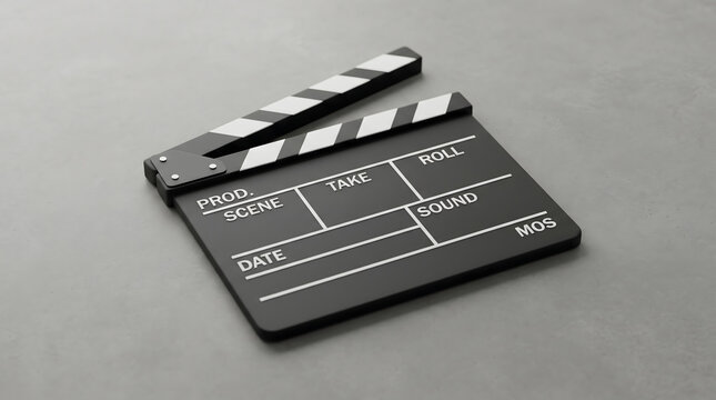 Professional movie clapperboard on minimalist grey background for cinema production concept.