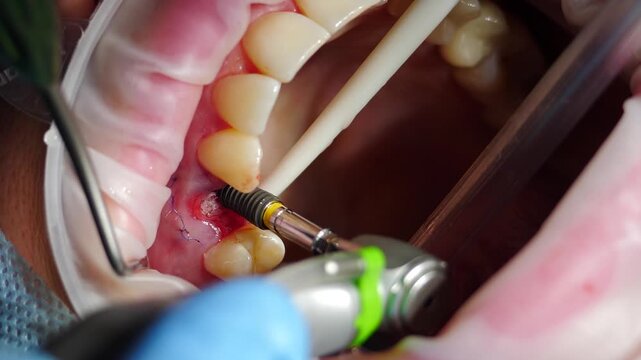 Close-up of a dental implant placement procedure inside a patient's open mouth. Metal implant with a black threaded base and a dental tool visible. Stomatology and medical treatment 4k video