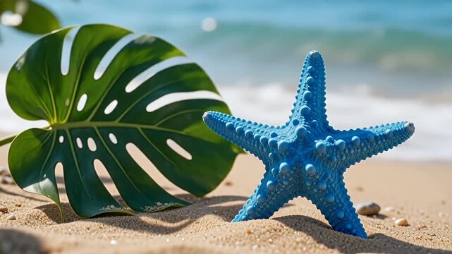 Blue starfish positioned on sandy beach with green monstera leaf, ocean waves gently lapping in the background, creating a serene coastal scene