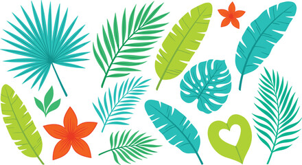 Tropical Leaf and Orange Flower Collection with Turquoise Monstera Lime Green Banana and Palm Frond Elements for Creative Summer Pattern Layouts © Kirtan