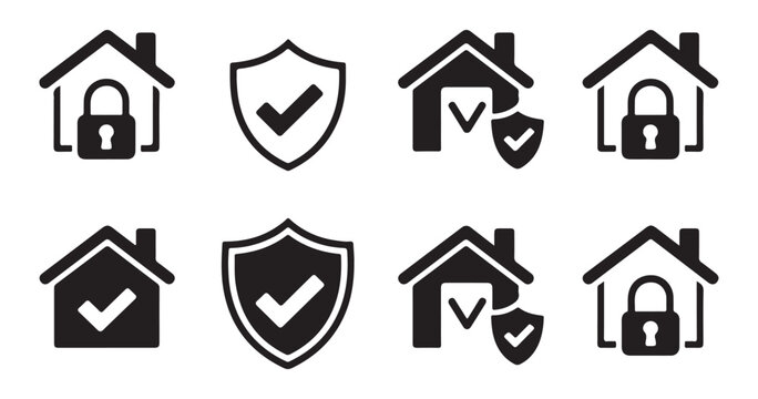 House security and protection icon set. smart home with lock and shield with check mark symbol.