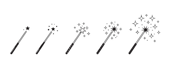 Five magic wand icons with increasing sparkle effects isolated on gray checkered background. © MOST AKTER