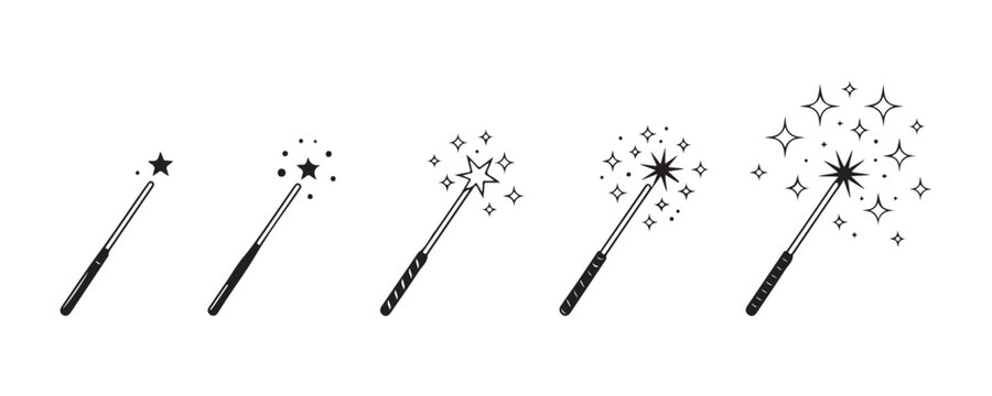 Five magic wand icons with increasing sparkle effects isolated on gray checkered background.