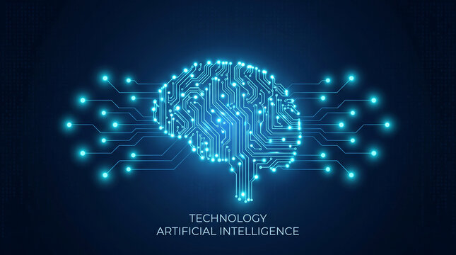 Glowing blue digital brain circuit board representing artificial intelligence and machine learning technology with neural network connections on a dark background vector illustration design.