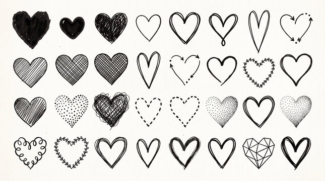 Collection of hand-drawn heart shapes in various artistic styles and strokes.
