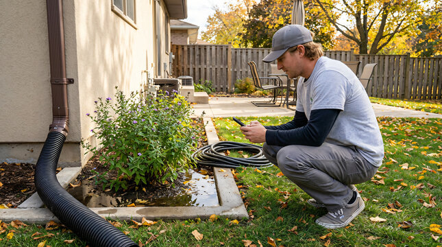 Man inspecting a flooded backyard with a smartphone, observing water damage and drainage issues after heavy rain.
