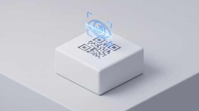 Futuristic biometric eye scanner verifying a QR code on a minimalist white 3D block background.
