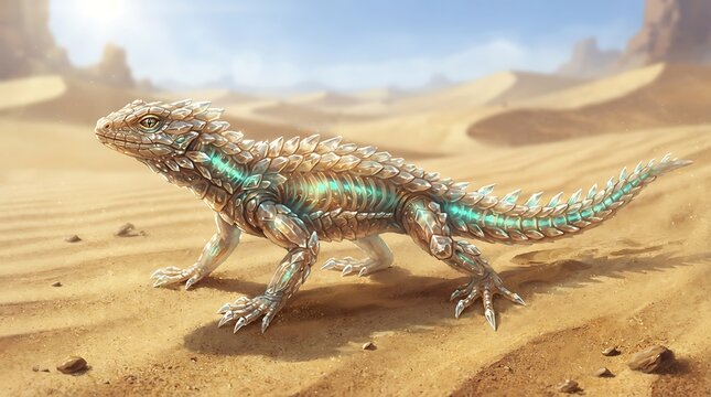 Textured desert lizard standing on sandy dunes in arid landscape with wildlife creature heatwave environment wilderness