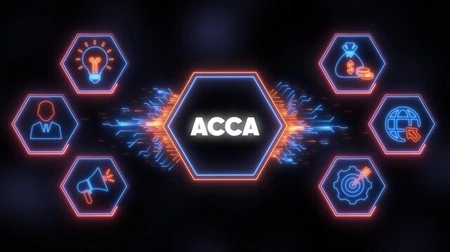 Acca certification concept: neon digital infographic for accounting and financial finance
