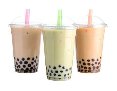 Three plastic cups of colorful bubble tea with tapioca pearls on black background