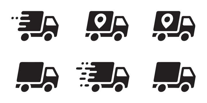 Fast shipping truck icons collection with speed motion lines and location markers for transport use.