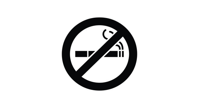 Black and white no smoking sign with a cigarette icon inside a prohibition circle isolated on white