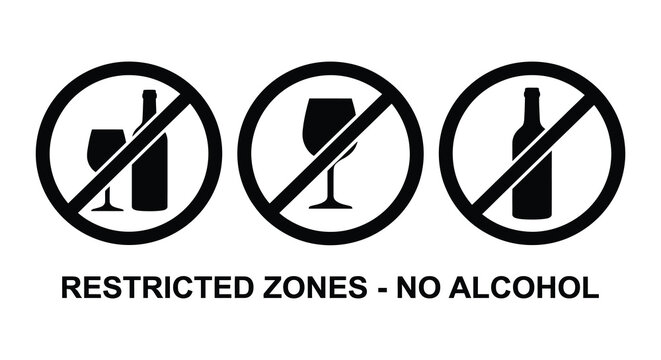 Black and white sign indicating restricted zones where the consumption of alcoholic beverages is strictly prohibited