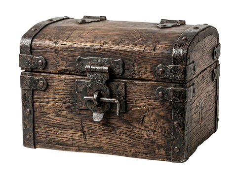 Antique wooden treasure chest with iron hardware isolated on transparent background