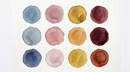Naklejka premium Colorful watercolor circle paint swatches grid on white paper.
