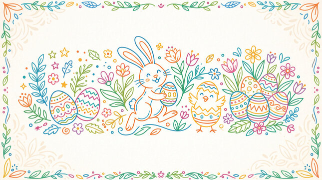 Colorful line art Easter border with bunny, chick, and decorated eggs.