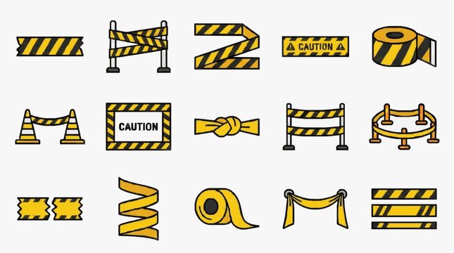 Corporate Warning and Caution Icon Set Black and Yellow Safety Barriers Tape and Signs for Presentations Websites and Documents