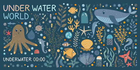 Underwater world illustration featuring marine life and coral teal background © Mamata