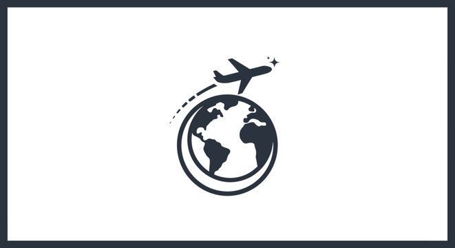 Travel around the world by airplane with black white graphic plane flying around globe flight path transportation adventure vacation tourism