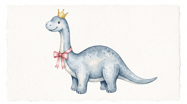 Cute watercolor brontosaurus dinosaur wearing gold crown and pink bow.
