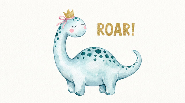 Cute watercolor blue dinosaur with crown and roar text.