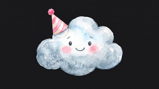 Cute watercolor cloud character wearing a party hat.