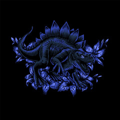 Stegosaurus dinosaur with blue floral leaves vector illustration on black background © Salman