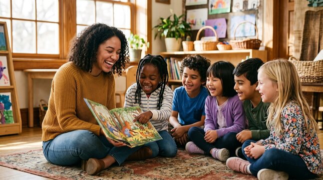 Female Teacher Reading Picture Book to Group of Diverse Children