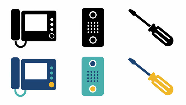 Set of intercom systems and screwdriver icons in various styles