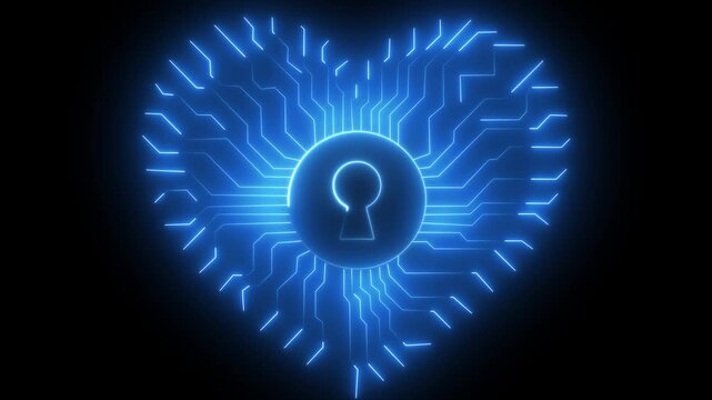 Digital heart lock cyber security concept, glowing blue circuitry network animation, data privacy and protection technology background