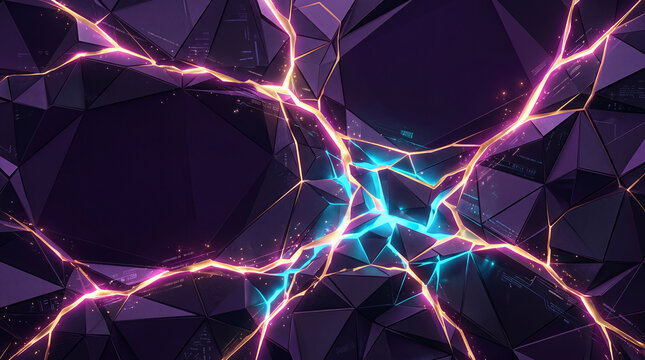 Abstract low poly background with glowing neon cracks of pink and blue light shining through dark crystalline geometric shapes creating a powerful energy and electric lightning effect.